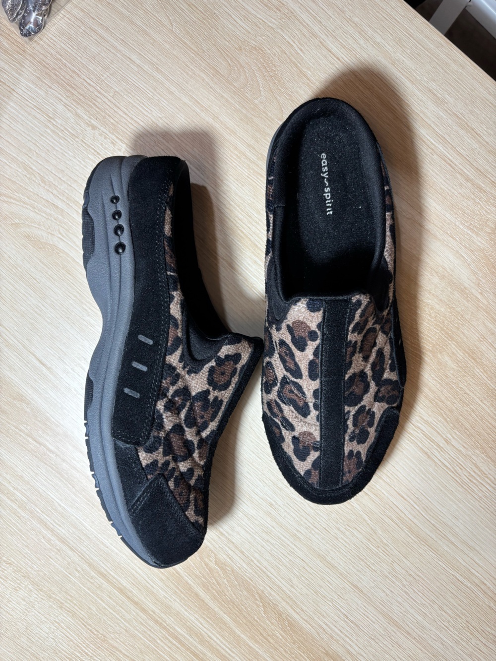 Easy Spirit Leopard Print Slip-On Moccasins - Black and Tan